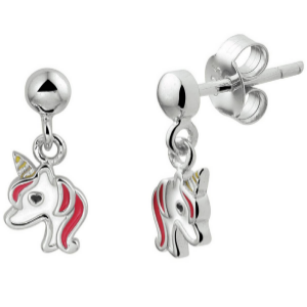 Gerhodineerd 925 zilveren oorhangers uitgevoerd met een eenhoorn. De oorhangers hebben een totale hoogte van 1.3cm en een breedte van 6mm.