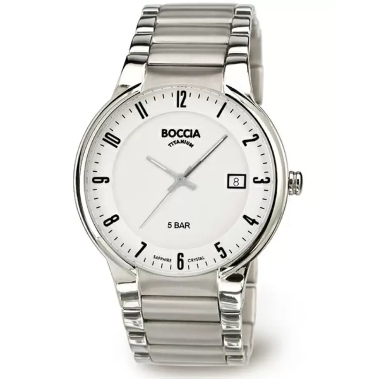 Dit Boccia Titanium herenhorloge heeft een titanium kast. Het horloge heeft een kastdiameter van 39 mm en krasvast saffierglas. De band het horloge is van titanium en kan op maat worden gemaakt door er schakels uit te halen met de horlogeband inkortset. Of je nu sportief of chique gekleed gaat, dit horloge past bij elke outfit en iedere gelegenheid. 

HET MERK
Boccia Titanium: de specialist in het edelmetaal titanium � horloges en sieraden van puur (99,7%) titanium. Titanium heeft een hoog draagcomfort: het is licht in gewicht, huidvriendelijk en neemt de temperatuur van de huid snel aan. 

SPECIFICATIES
- Datumaanduiding
- Krasvast saffierglas
- Ronde titanium horlogekast, � 39 mm
- Titanium horlogeband
- Witte wijzerplaat
- 5 ATM

INKORTEN BAND
De band van het horloge kan op maat worden gemaakt door er schakels uit te halen met een horlogeband inkortset.

