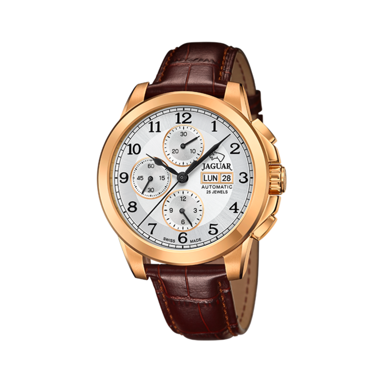 Jaguar chronograaf herenhorloge met rosegouden horlogekast. De band is gemaakt van leer en er zit een patroon in. De zilveren wijzerplaat toont 3 subdials en een datum- en dagdisplay. Het horloge is 5 ATM, wat hem geschikt maakt voor zwemmen.