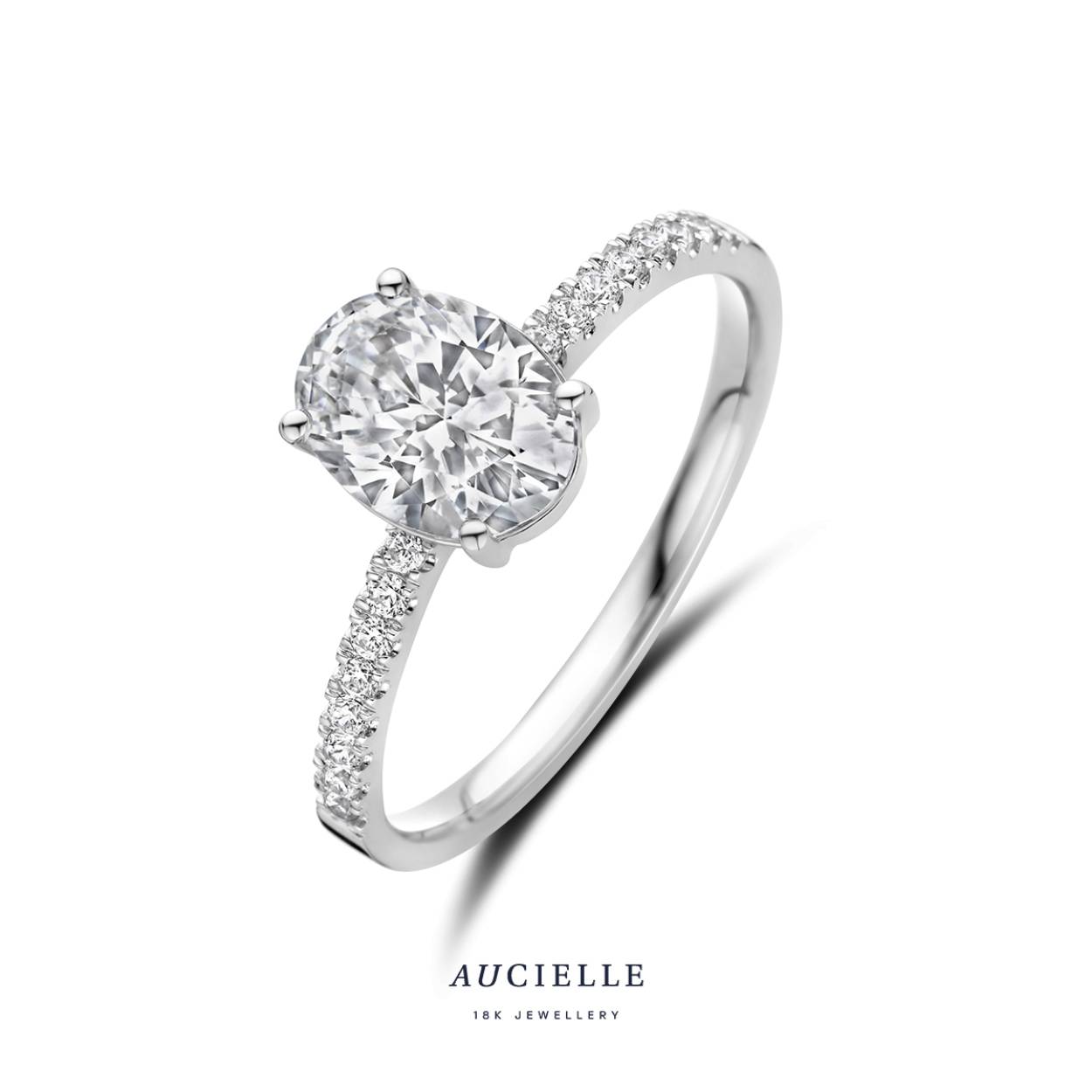 Aucielle ring wit goud 18k, met ovaal witte zirkoon en zijstenen