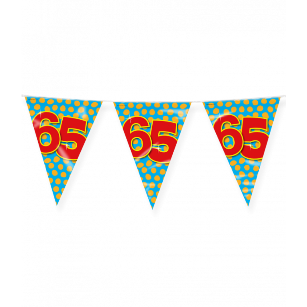 De Happy party flags 65 zijn de ideale versiering op de verjaardag van een 65-jarige. Door de vrolijke kleuren vallen deze party vlaggen dan ook extra goed op! De aan beide kanten bedrukte vlaggetjes zijn gemaakt van folie, hebben een lengte van 10 meter