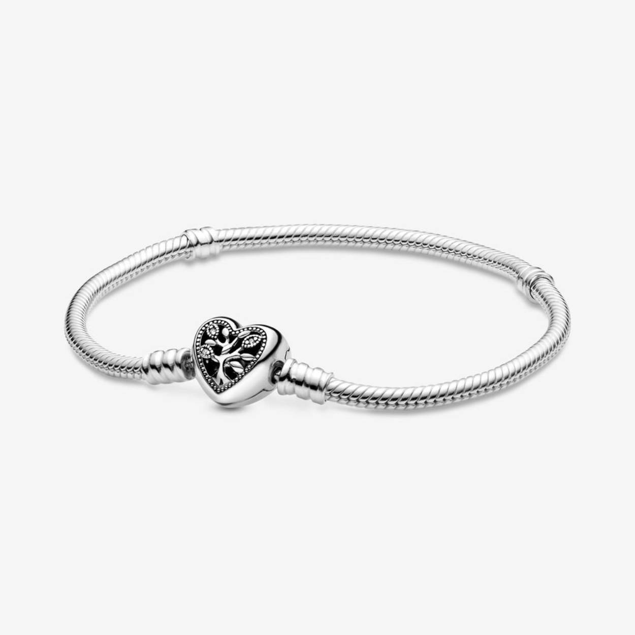 Pandora - Snake chain sterling silver bracelet and heart clasp with clear cubic zirconia and black enamel