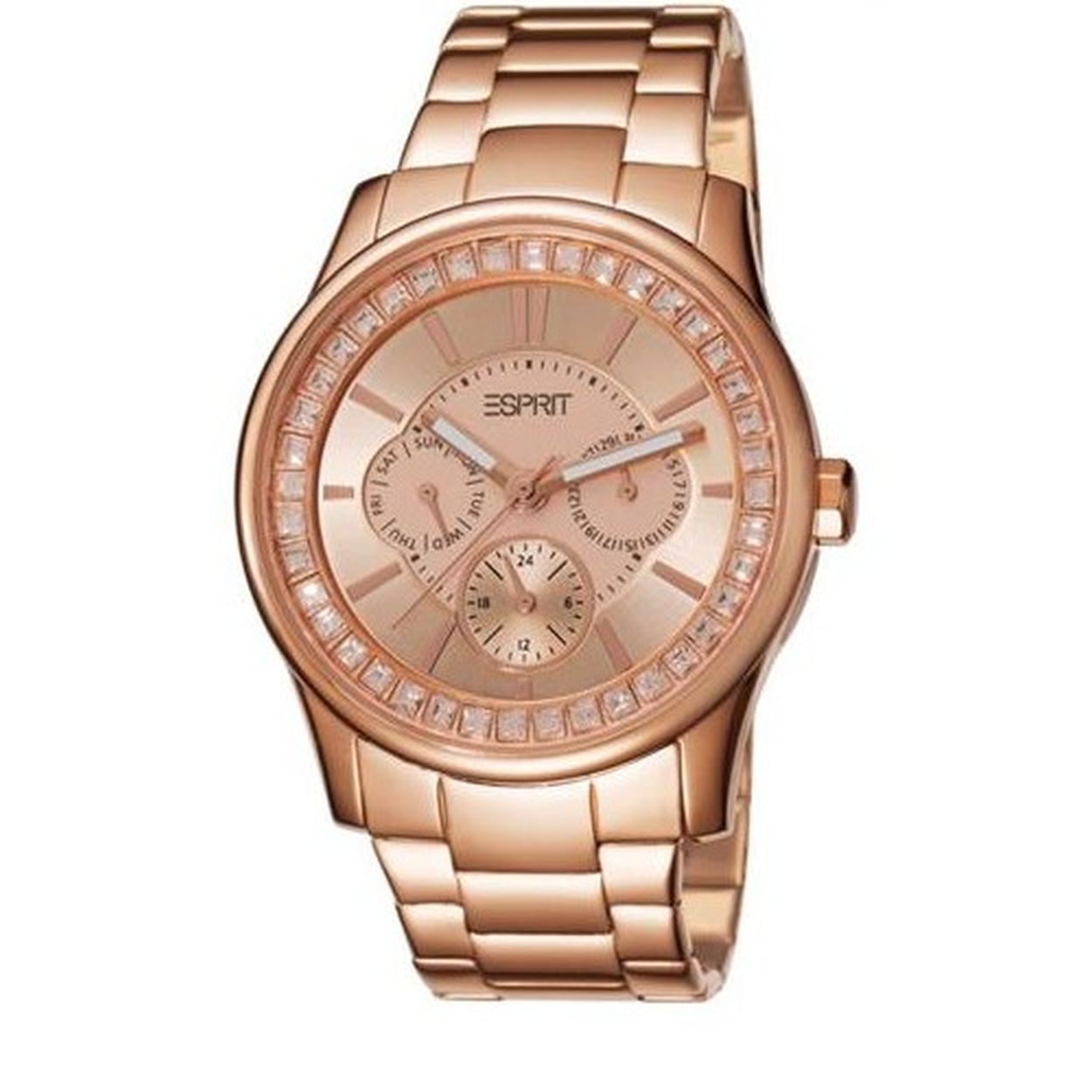 Esprit horloge  dames multifunctie edelstaal 5 ATM 
Algemeen
Geslacht: dames
Model: ES105442004
Voordelen
- band edelstaal rose goud
- multi-functie
- wijzerplaat rose goud met rose gouden streepjes
- 24 uurs aanduiding
- datum wijzer- dagwijzer
- wijzers lichten op in donker- quartz
- maat kast 40mm (breedte) 9,1mm (dikte)