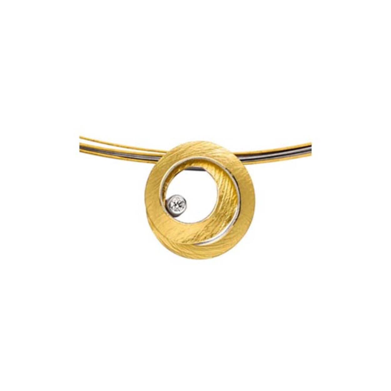 Bi-co spiraalcollier met hanger en diamant 0.03crt   45cm. Afgewerkt met 20karaat goud.