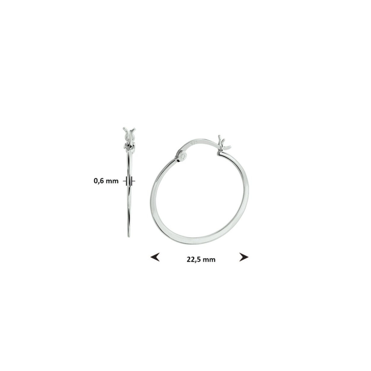 Gerhodineerd 925 zilveren oorringen uitgevoerd met een stevige scharnier sluiting. De oorringen hebben een afmeting van 22.5x0.6mm.