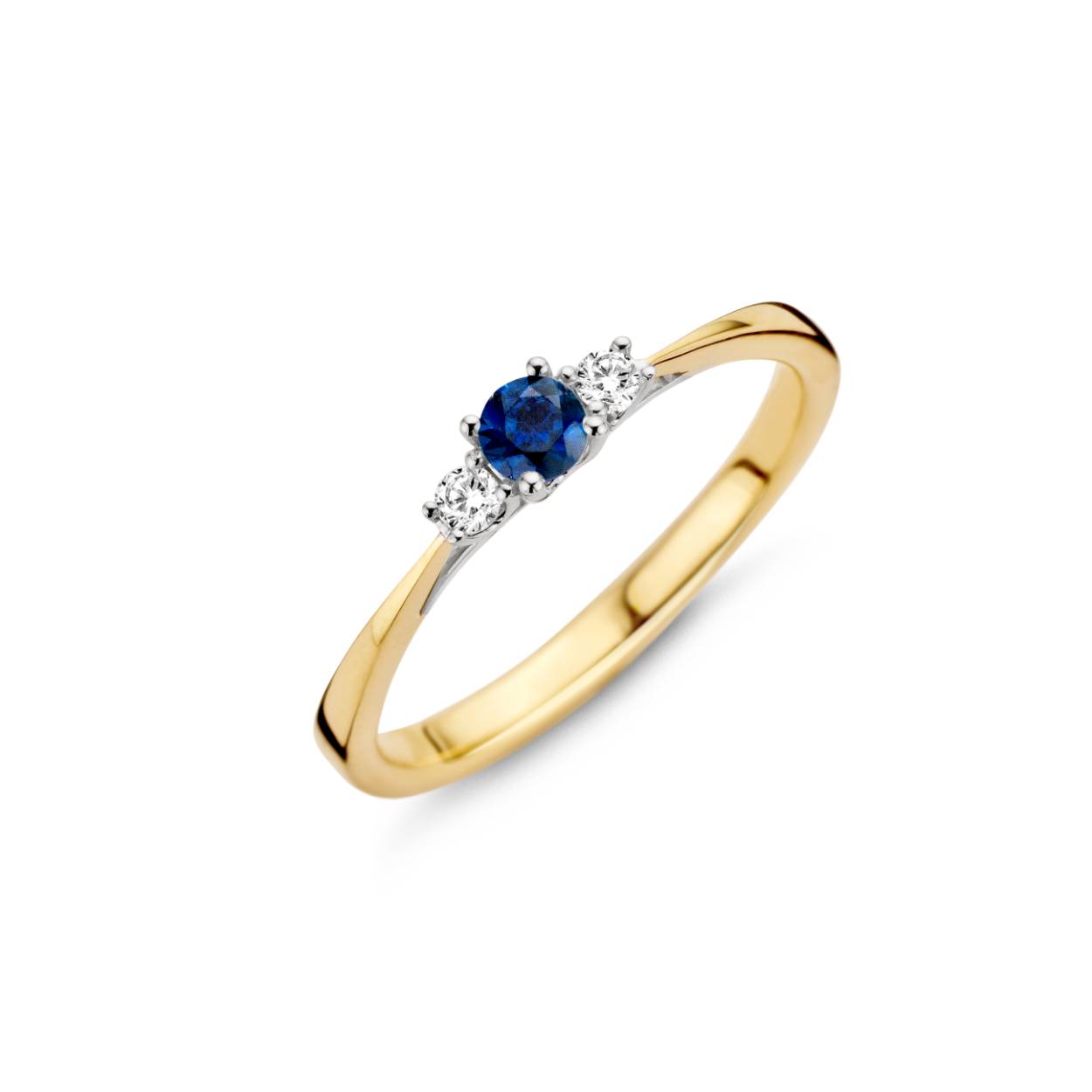Bernstein bicolor ring met diamant en blauw saffier
