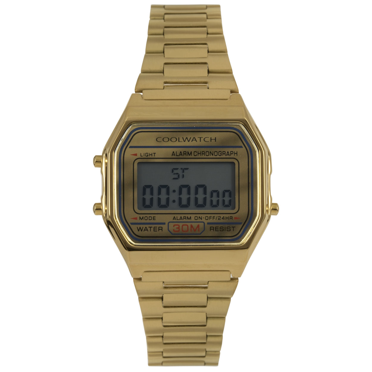 Coolwatch horloge digitaal
- Kastkleur: goudkleurig
- Kast maat: 34 mm
- Kast dikte: 10 mm
- Kast materiaal: Zinc alloy
- Uurwerk type digitaal
- Glas type: Mineraal
- Waterdicht: 3 ATM
- Horlogeband: metaal goudkleurig
- Maat aansluiting band: 18 mm
- Wijzerplaat: goudkleurig en LCD
- Licht functie: Ja
EAN: 8716667170117