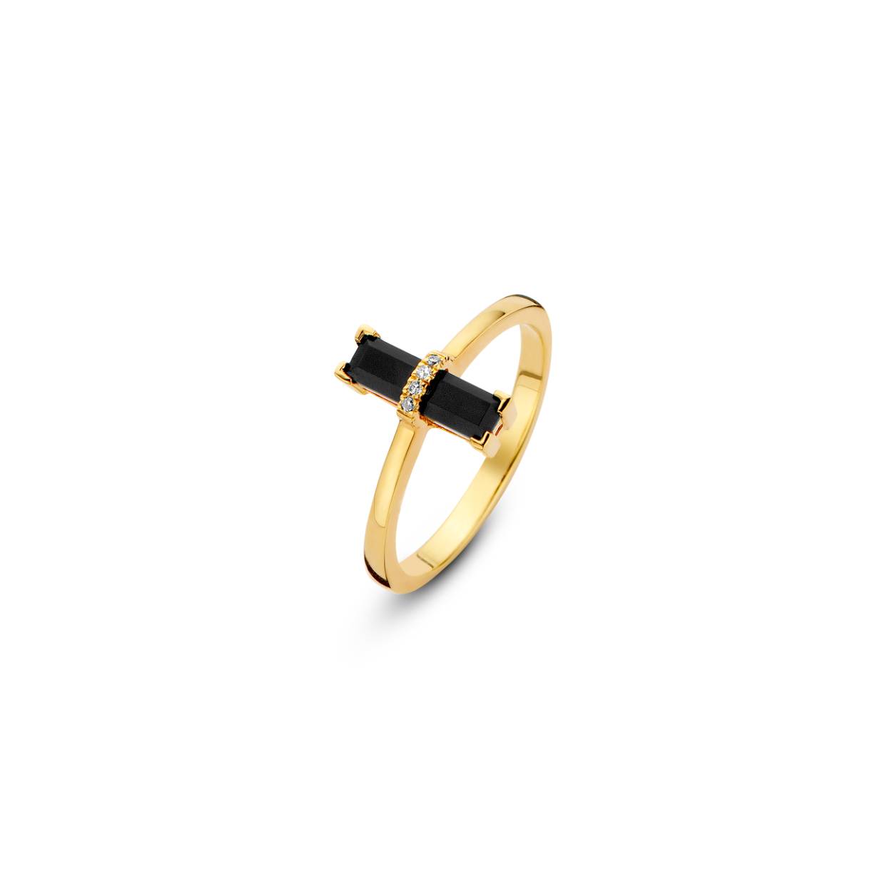 Goudkleurige ring uit de collectie 'Black tulip'
Materiaal: 925 zilver, verguld met 18 kt goud/diamant: 0,01 ct/zwarte onyx
Maat 54 (Niet uw maat? Wij bestellen deze ring graag in de juiste maat voor u)