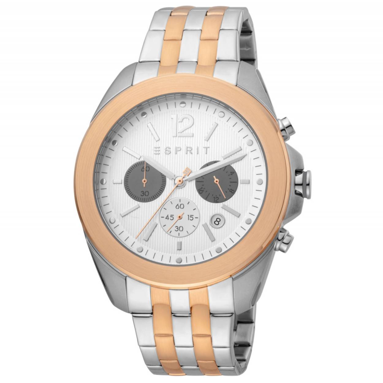 Dit heren horloge is van het merk Esprit. Het is een quartz horloge met een dag aanduiding. De band is gemaakt van RVS en de diameter van de kast is 44mm.
