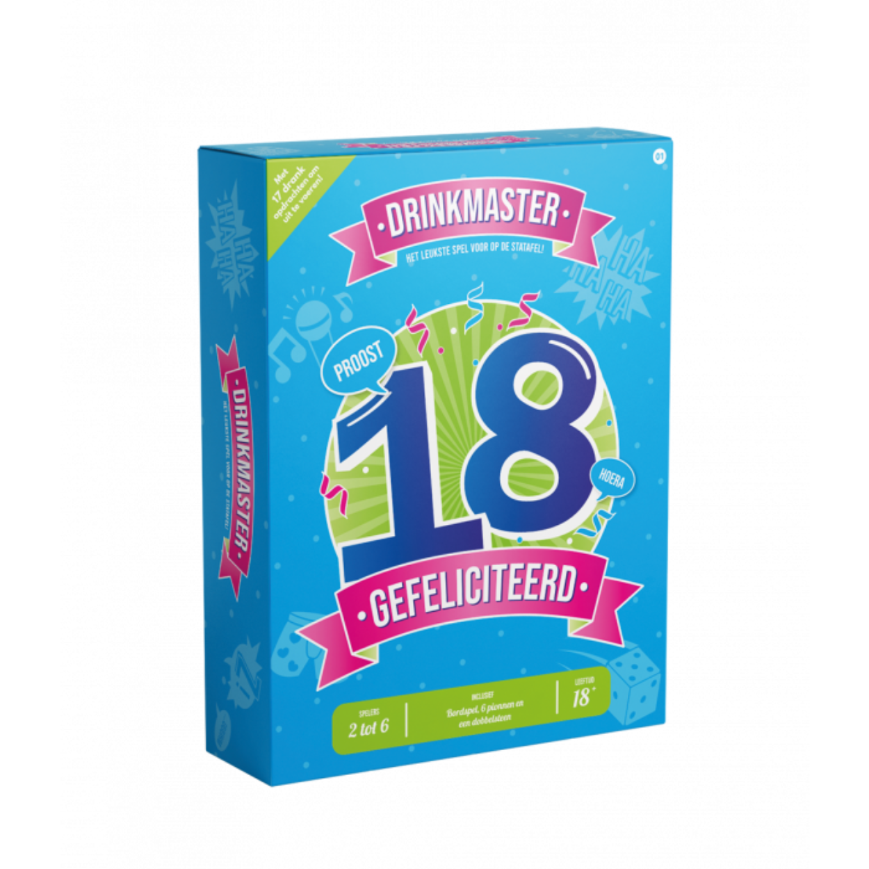 Dit Drinkmaster spel is het ideale spel op het feestje van iemand die zijn of haar 18e verjaardag viert. Leg het Drinkmaster 18 spel op een statafel (of ronde tafel) en je weet zeker dat het een gezellig feestje gaat worden. De dobbelstenen en pionnen zijn inbegrepen en op het speelbord zijn de spelregels en de grappige opdrachten te vinden. Het spel heeft een diameter van 82,5 centimeter. 