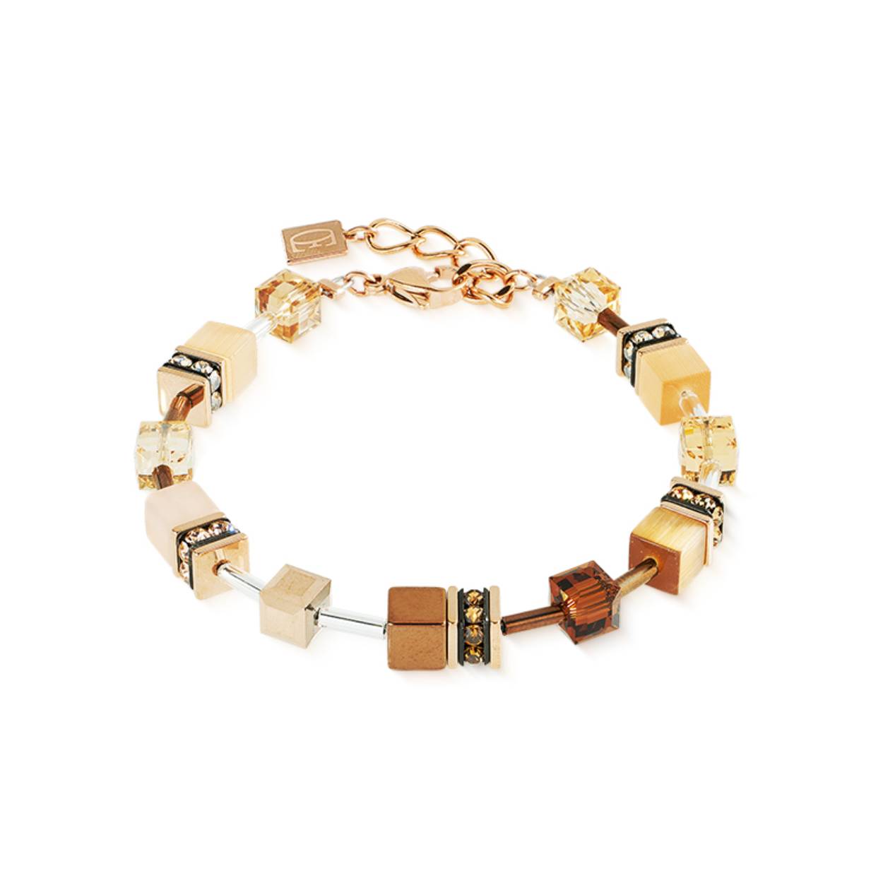 Bracelet-Mocha Mousse met crystal en polaris. Door het verlengkettingtje is dit collier op verschillende lengtes te dragen. 