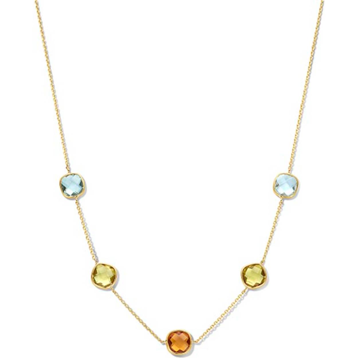 
Een prachtig gouden collier uit de exclusieve collectie van Italo Bottene. Het collier is uitgevoerd in 14 krt. goud en gezet met  lemon quartz, peridot en citrieneen. De lengte is te dragen op 42 en 45 cm