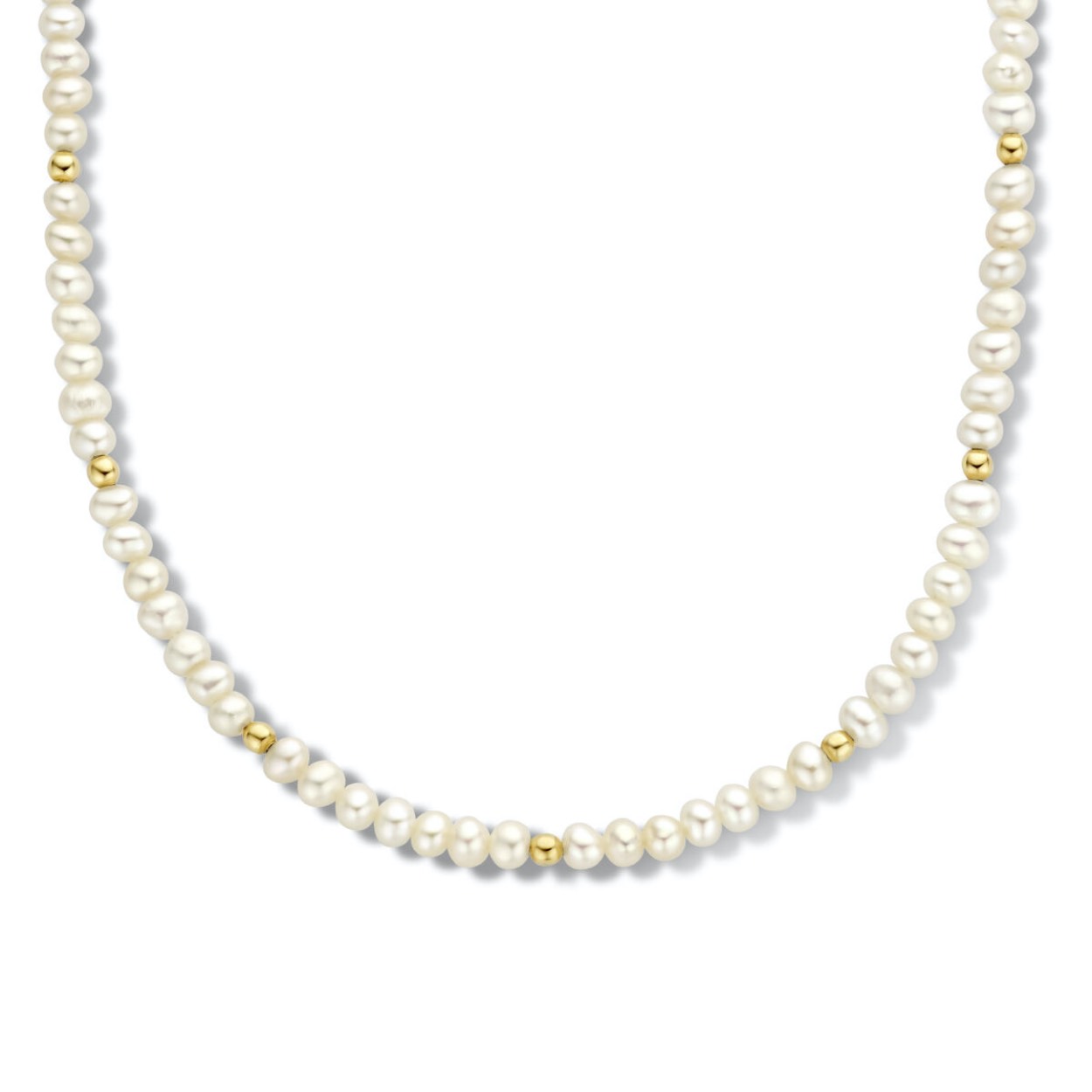 14 Karaat geelgouden collier met zoetwater parels en een karabijnsluiting. Het collier heeft een schakelbreedte van 3.3mm.
Het collier heeft een lengte van 41 cm met een extensie van 4cm. Draag het collier met de bijpassende armband.