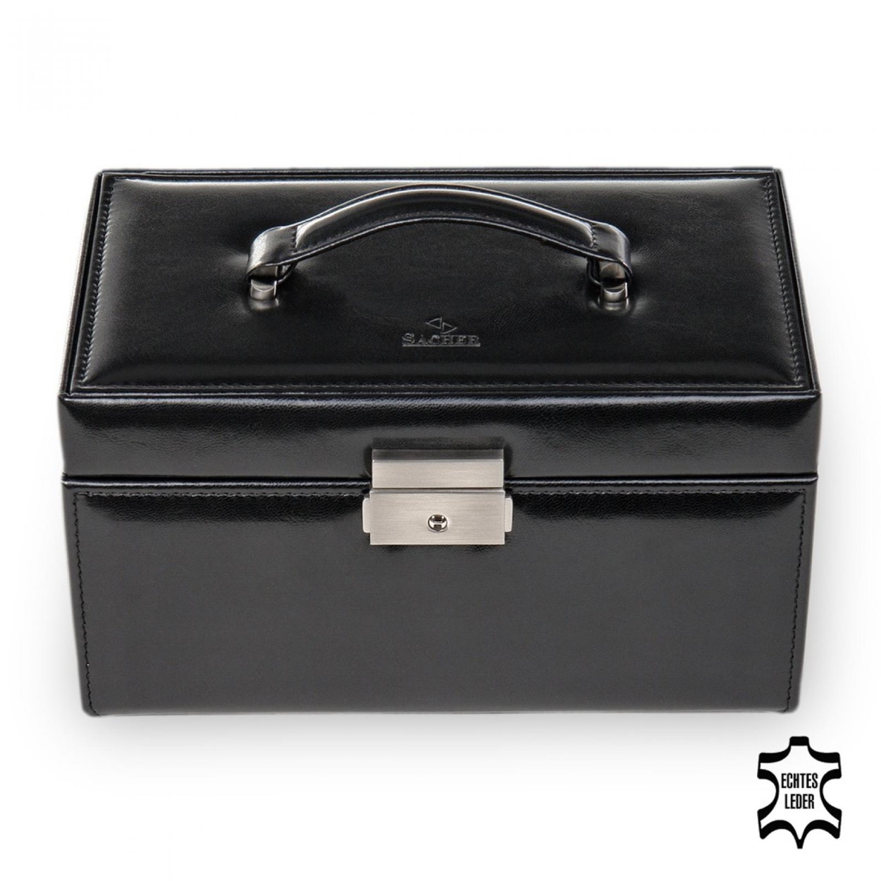 Ruime bijou/sieraden doos van Sacher. Model Elly wordt handgemaakt in Duitsland en is in leer uitgevoerd.

Afmetingen:
Hoogte 14.5cm x breed 22cm x diep 11.5cm