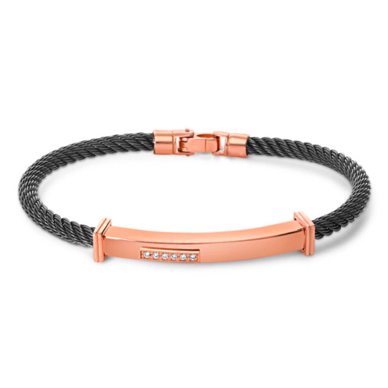 Stijlvol en eigentijds, de bespoke JH Brummer Rose Gouden Heren Armband combineert de warmte van rose goud met de stoere uitstraling van zwart staal. Met een subtiele 0.06 crt H SI diamantaccent voegt het een vleugje luxe toe aan elke look.