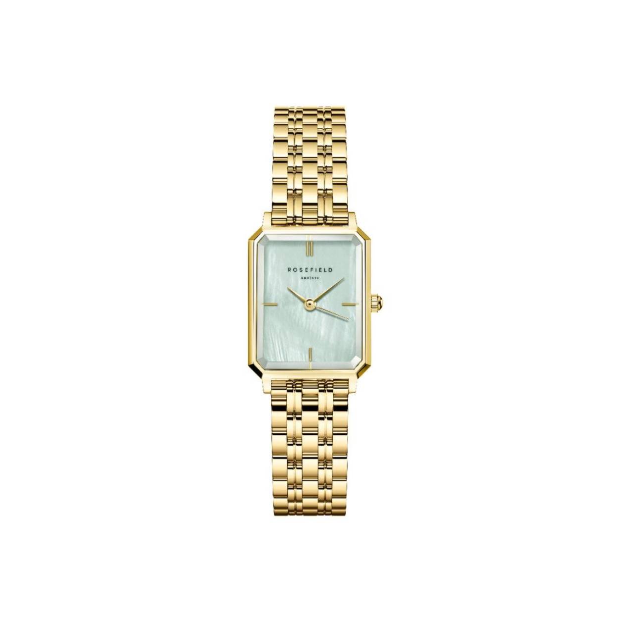 Goudkleurig dames Horloge van Rosefield met turquoise wijzerplaat.