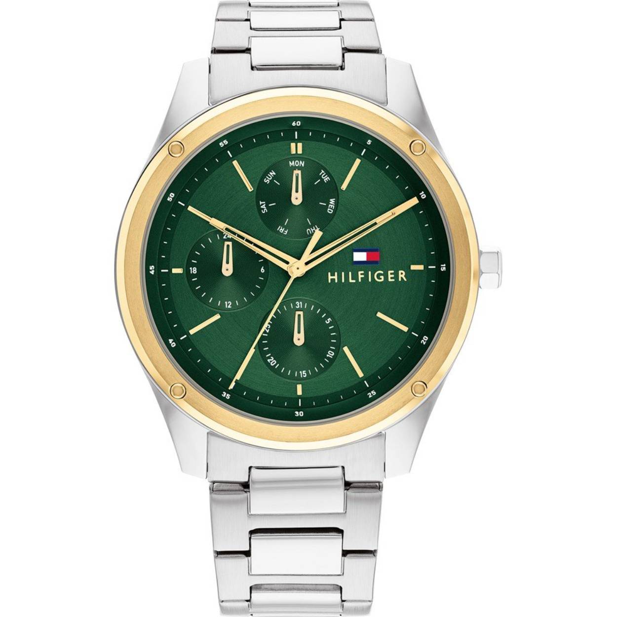 zilveren tommy hilfiger met groene wijzerplaat en gouden buitenring