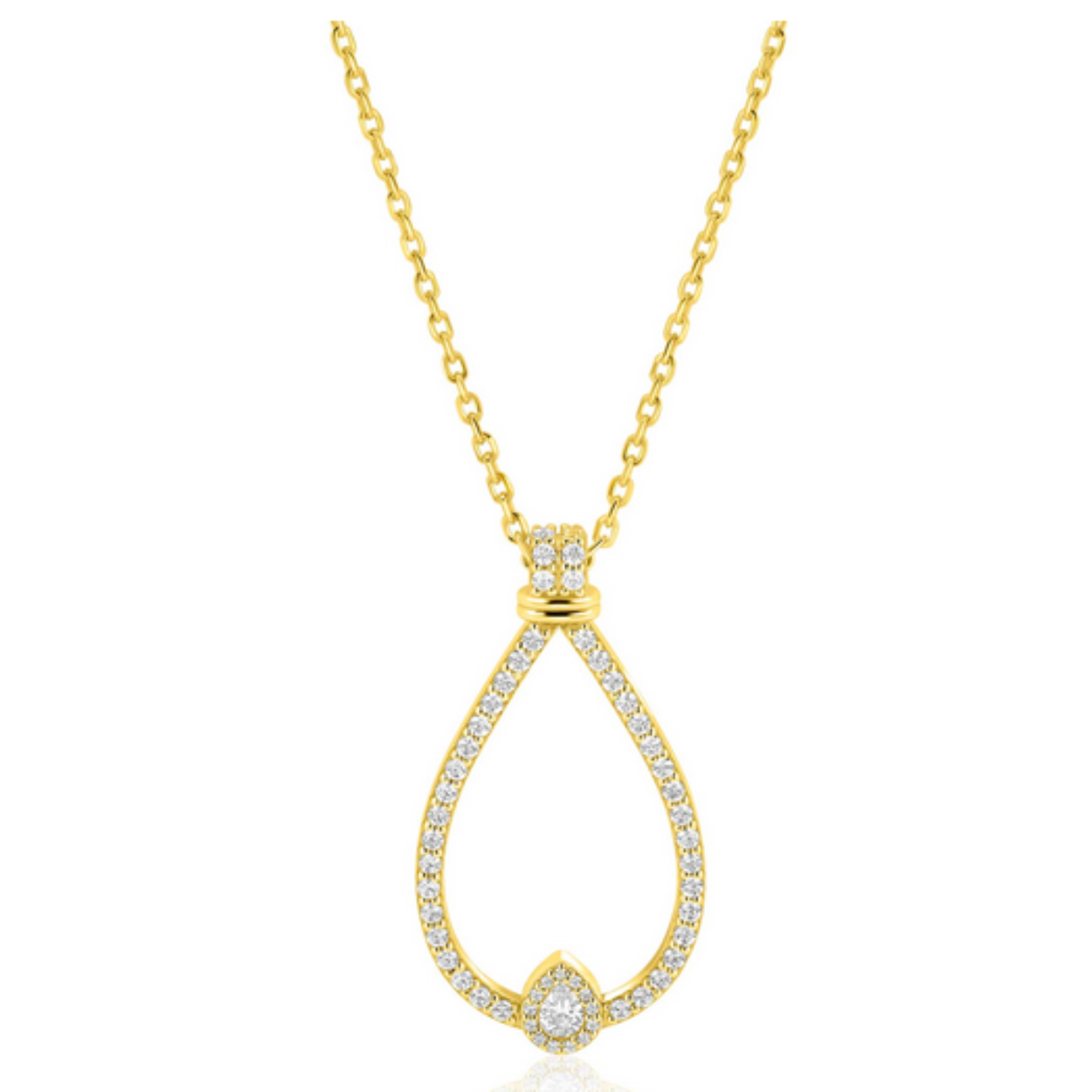 ZINZI goldplated zilveren ketting 45cm met grote sierlijke druppelvormige hanger 35mm met witte zirkonia&rsquo;s ZIC2815