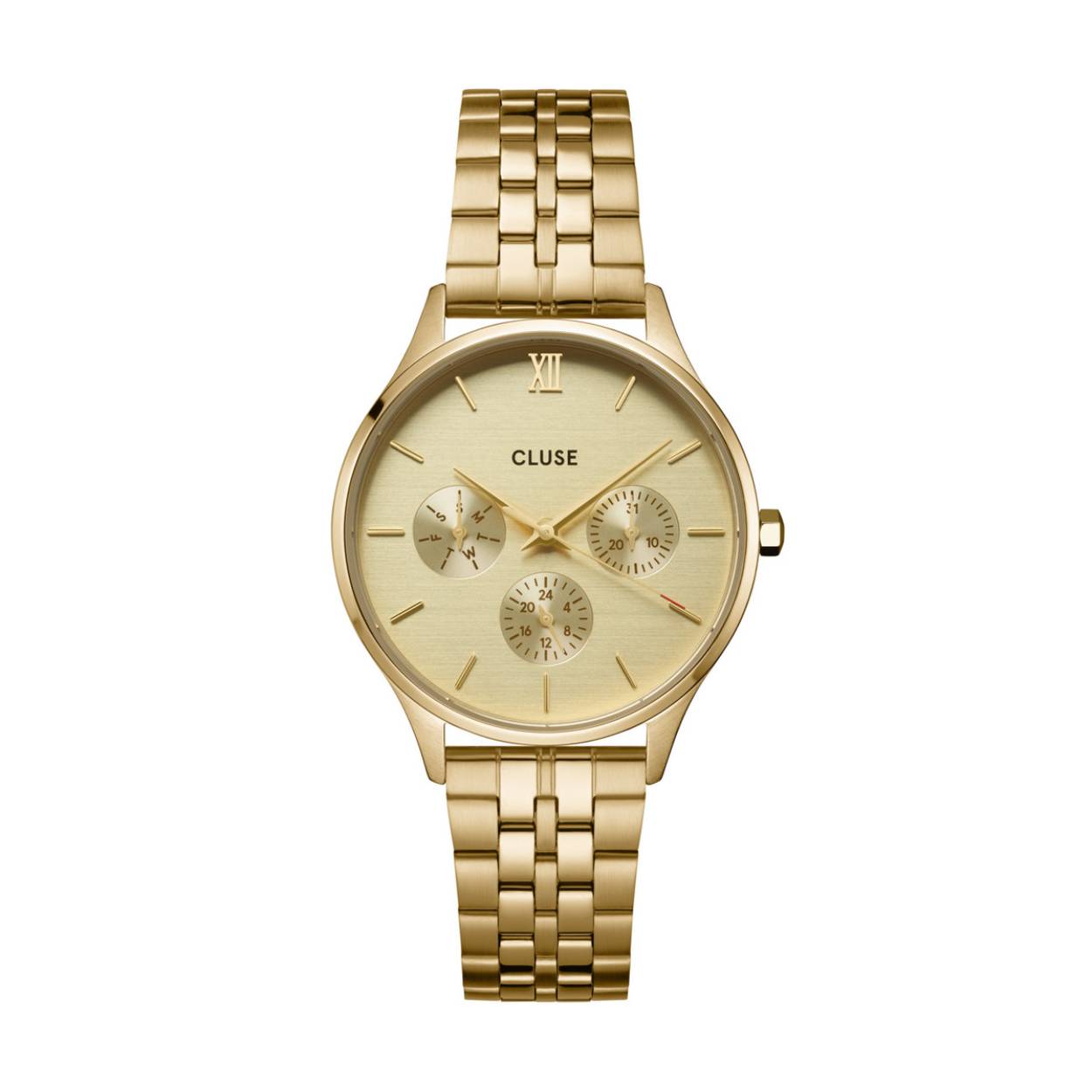 Breng een vleugje stijl en verfijning in je dagelijkse garderobe met het Minuit Multifunction horloge. Dit goudkleurige horloge met een ronde goudkleurige kast van 34 mm, een horlogebandje met 5 schakels en 3 sub-wijzerplaten om de dag en tijd bij te houden, is het ultieme accessoire om ervoor te zorgen dat je altijd op tijd bent! Het prachtige Minuit Multifunction horloge heeft een strak ontwerp, maar tilt je stijl naar een hoger niveau en houdt elke outfit tijdloos. Personaliseer je horloge moeiteloos met elk bandje van 16 mm. Je kunt het bandje snel en eenvoudig aanpassen aan jouw eigen comfort.