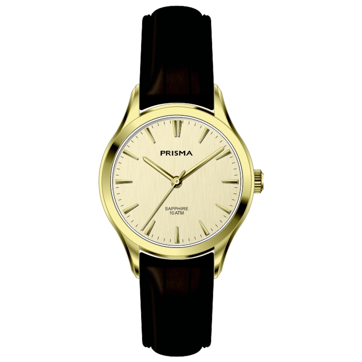 Prisma horloge 2013 dames edelstaal saffierglas 10 ATM 

Algemeen
Geslacht: dames
Model: P.2013

Voordelen
- band echt leer bruin
- wijzerplaat goudkleurig met zilvere streepjes
- boven gem. waterdicht: zwemmen/duiken
- glas is zeer krasvast
- quartz
- maat kast 27,06mm (breedte) 7,6mm (dikte)