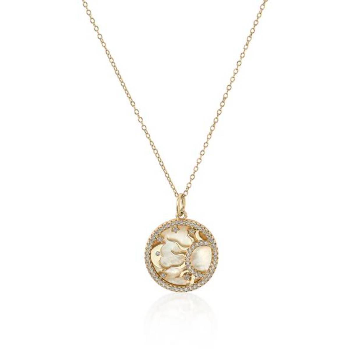 Gold plated silver medal necklace with sun and moon design with opal and zirconia for women. A fine design perfect to give the final touch to your outfits. Gold plated silver medal necklace with sun and moon design and opal and zirconia detail. Wear it combined with other pendants from our collection.