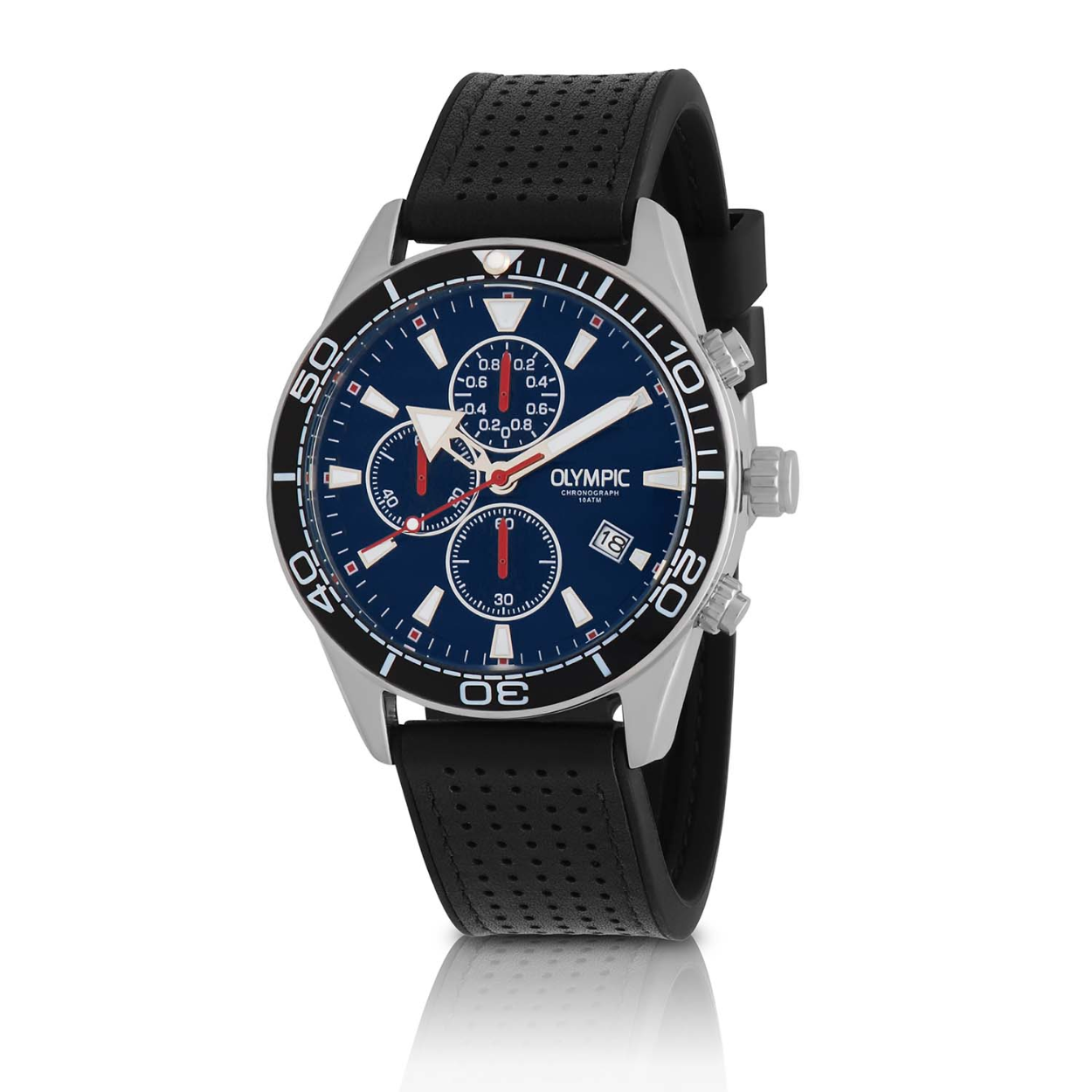 Olympic OL72HSL075 ADAM Horloge - Staal - Leer - Blauw - 44mm 
Dit unieke Olympic horloge met artikelnummer: OL72HSL075 is een herenhorloge met chronograaf en heeft een sportieve uitstraling. De stalen kast heeft een zwarte bewerkte bezel en een blauwe wijzerplaat met een datum en chronograaf. De uursaanduiding is opvallend door de lumibrite strepen en wijzers. De rode accenten geven het horloge een sportief uiterlijk. Aan de stalen kast zit een zwarte leren band met gespsluting. Het horloge heeft een mineraalglas, een doorsnee van 44mm en is 10ATM.

Waterdichtheid 10ATM
Dit horloge is bestand tegen water bij het zwemmen en douchen. Dit horloge is niet bestand tegen (grote) waterdruk dus je kunt er niet mee duiken.

Het merk:
Een mooi horloge hoeft niet duur te zijn! Het Nederlandse horlogemerk Olympic levert stoere chronografen, slimline series, digitale uurwerken en elegante dameshorloges. De prijs-kwaliteitverhouding staat bij Olympic hoog in het vaandel met prijzen die uiteenlopen van € 34,95 tot en met € 159,00.

100% Nederlands ontwerp, waterdicht en standaard 3 jaar fabrieksgarantie.

Specificaties:
- Ronde kast Ø 44mm
- Zilverkleurige stalen horlogekast
- Blauwe wijzerplaat
- Zwarte leren horlogeband
- 10ATM 
- Standaard 3 jaar fabrieksgarantie
- Mineraalglas
