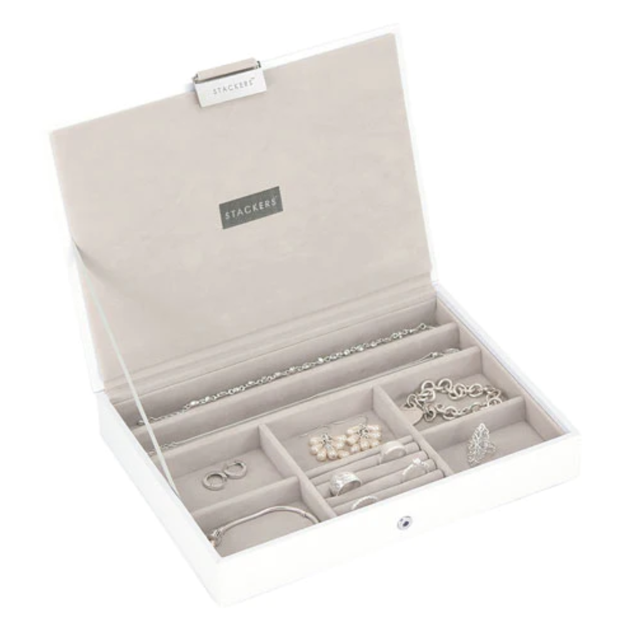 Bewaar en organiseer je sieraden in deze stapelbare sieradenboxen. 
Deze box is een TOP en kun je stapelen op  de open boxen.