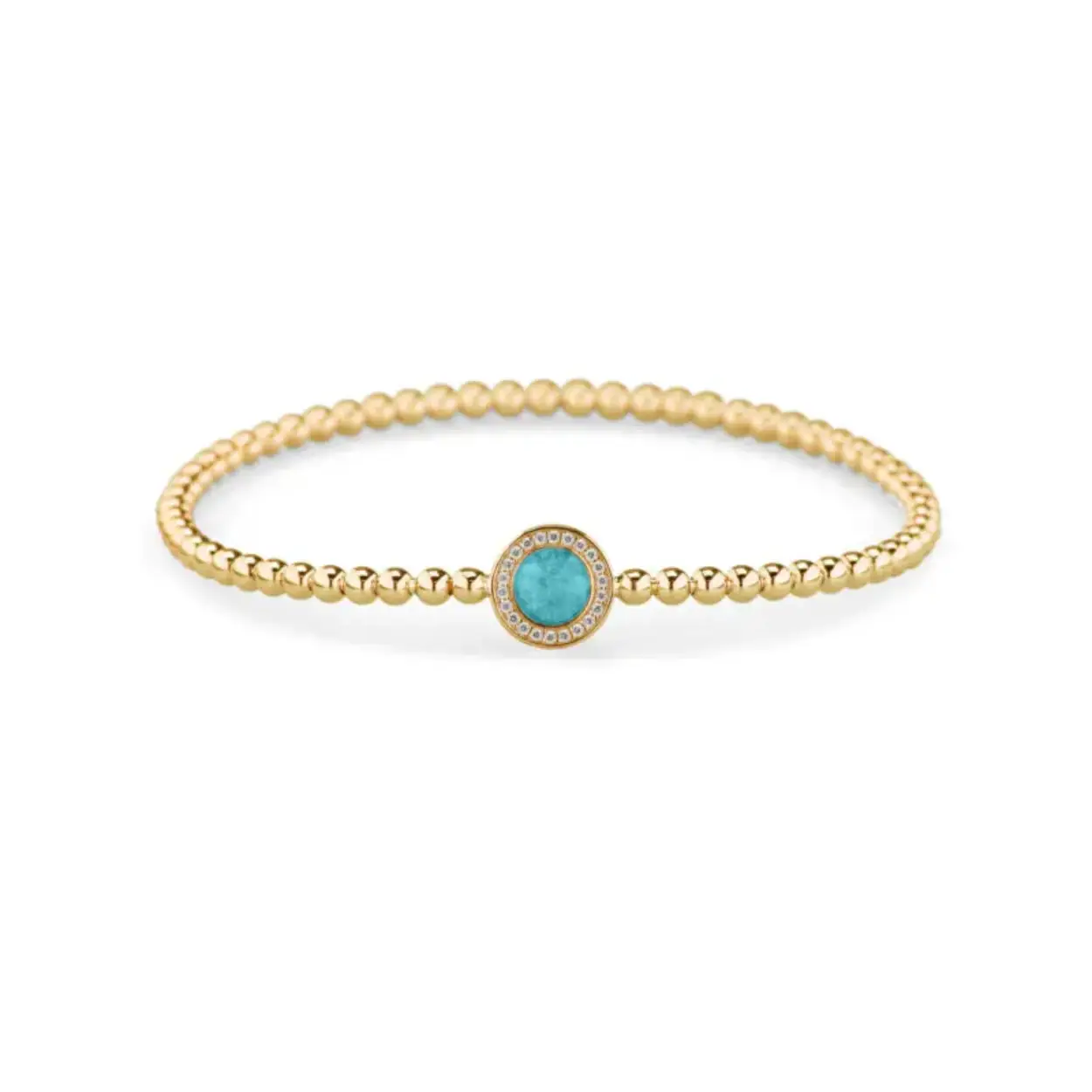 Klaver bolletjes armband. Deze armband is voorzien van een staaldraad (geen elastiek). De armband moet net over de hand kunnen schuiven om mooi aangesloten aan de pols te kunnen dragen. Dit sieraad wordt zichtbaar aan de voorkant gevuld met as of haar en wordt vermengd met onze speciale hars.