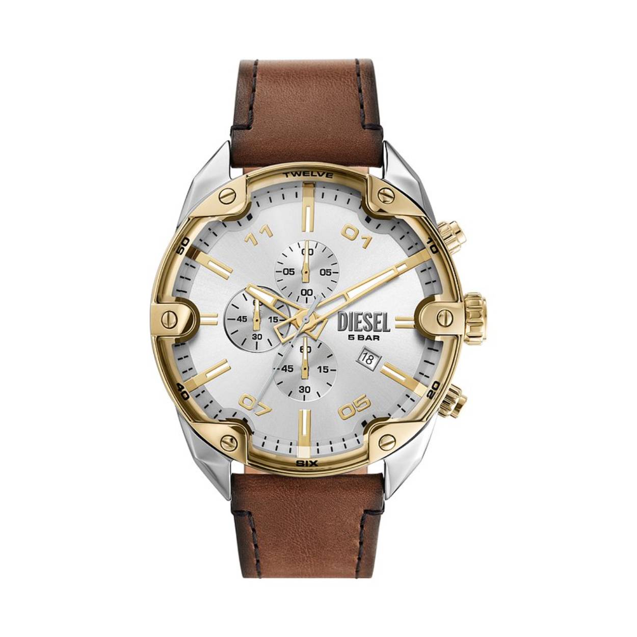 Diesel Quartz heren pols horloge model DZ4697 staal  bicolor met bruin lederen band. 5 ATM waterdicht.
