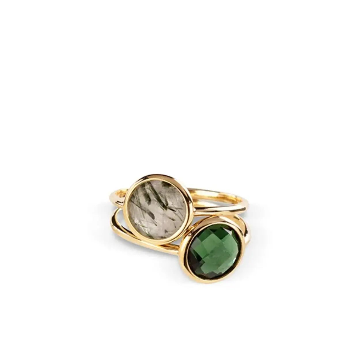 Gouden ring met rutielkwartz en groene quartz