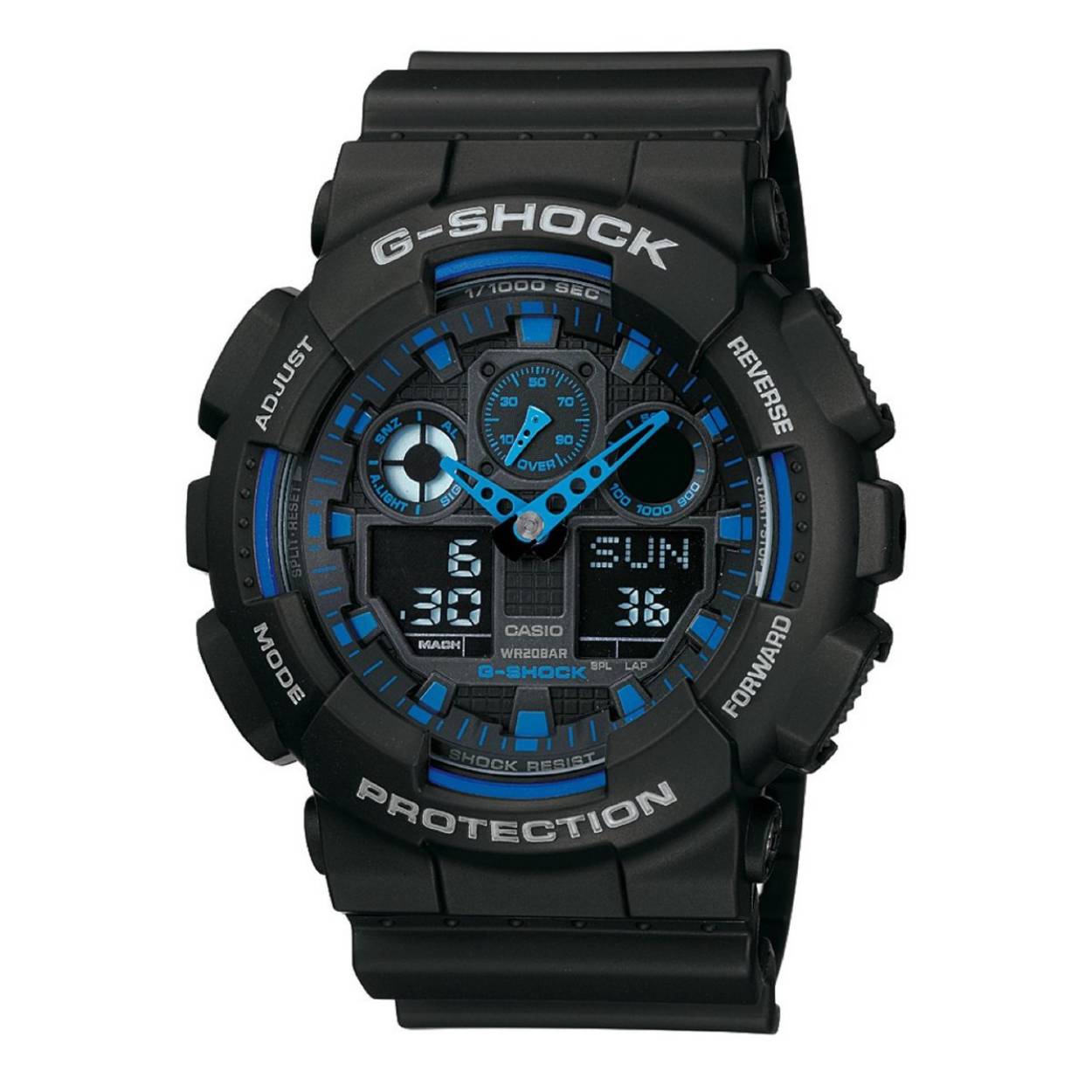 Kunststof horlogekast Ø 50 mm
Mineraalglas
Kunststof horlogeband (zwart)
Tot 20 ATM (Watersport en recreatief duiken)
Datumaanduiding
Meerdere alarmen
Quartz uurwerk

Dit horloge wordt aangedreven door een accuraat quartz uurwerk. Het voordeel hiervan is dat het horloge blijft lopen tot de batterij leeg is en het heel nauwkeurig de tijd weergeeft. Alle horloges van Casio worden geleverd inclusief batterij.

Waterdichtheid 20 ATM
Dit horloge is goed waterbestendig en bestand tegen watersport en recreatief duiken. Als jij een fanatieke watersporter of duiker bent is dat geen probleem voor dit horloge. Het horloge kan tegen een diepte van maar liefst 200 meter. Let op: de kroon van het horloge moet ten alle tijden dicht zijn bij contact met water.

G-Shock
Robuustheid, toughness, design en stijl – G-Shock overtuigt op alle fronten. Al sinds 1983 vertrouwen vele sportieve en creatieve horlogeliefhebbers op dit iconische merk. Een horloge dat uitstekend bestand is tegen stoot- en centrifugaalkrachten en bovendien hoge waterdruk kan weerstaan. Sindsdien is de naam G-Shock synoniem voor verleggen van grenzen en je eigen koers varen.