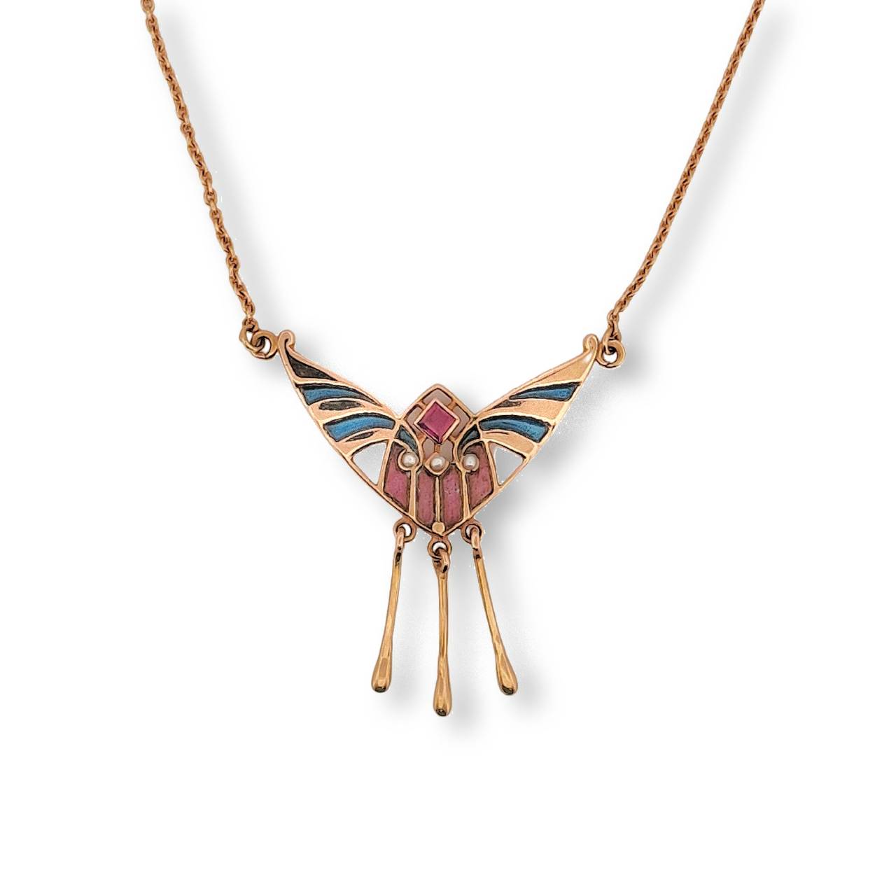 Prachtige rosé gouden choker Jugendstil Met parel en robijn