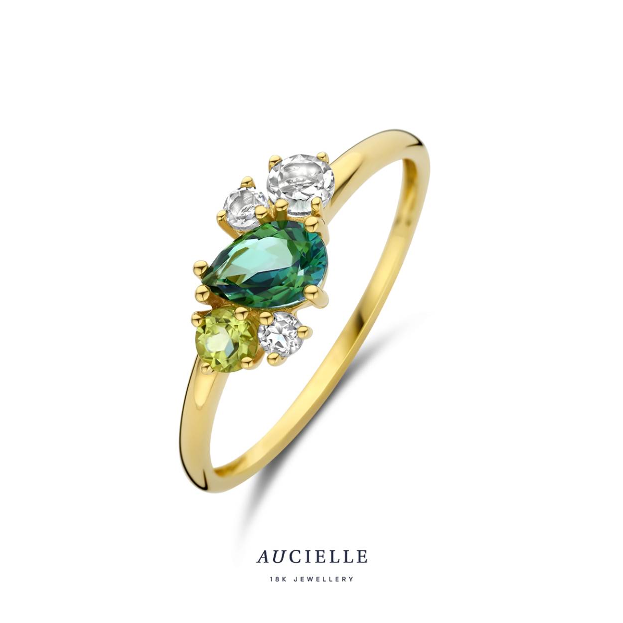 Gouden ring 18 kt met groene topaas, peridoot en amethist