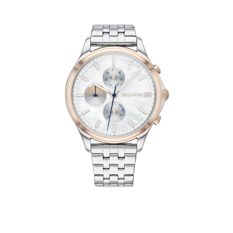 Dit luxe dames horloge is van Tommy Hilfiger. Het horloge is voorzien van een stalen band en een parelmoer wijzerplaat. Het horloge is een multifunctie en de diameter van de horlogekast is 38 mm. 
HET MERK
Tommy Hilfiger is wereldwijd ��n van de grootste designer lifestyle merken en is internationaal bekend om haar classic American cool stijl. De horloges zijn voor dames en heren met een eigen stijl, die niet bang zijn om dit aan de wereld te laten zien.

SPECIFICATIES
- Mineraal glas
- Ronde kastvorm � 38 mm
- Stalen horlogekast 
- Parelmoer wijzerplaat 
- Stalen horlogeband