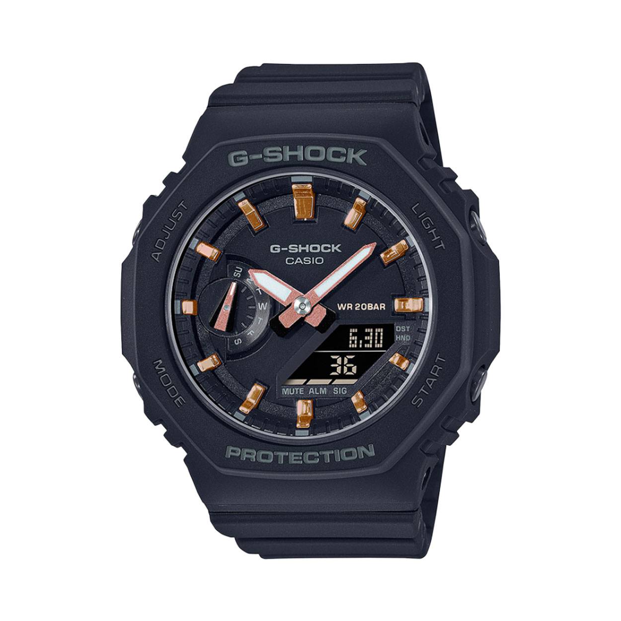 Deze kleinere versie van het populaire Ga-2100-model van G-SHOCK, de stoere horloges die zich steeds verder ontwikkelen in een eindeloze zoektocht naar kracht, heeft een eenvoudig, dun ontwerp zonder overbodige fratsen dat een stevige structuur behoudt. Het basismodel GA-2100 is een dunner G-SHOCK-model dat de achthoekige vorm van het eerste DW-5000C-model overneemt. De vlakke wijzerplaat en de eenvoudige staafindexen zorgen voor een eenvoudige maar solide indruk. De kleur is matzwart en past bij elke modestijl. De glinsterende metallic staafindexen verbeteren de textuur.