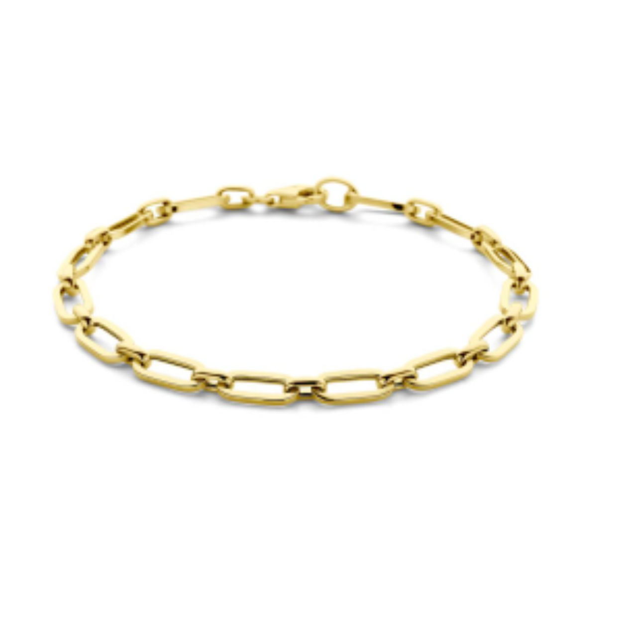 14k Geelgouden armband met een schakelbreedte van 5mm en een draaglengte van 19cm. Uitgevoerd met karabijnsluiting.