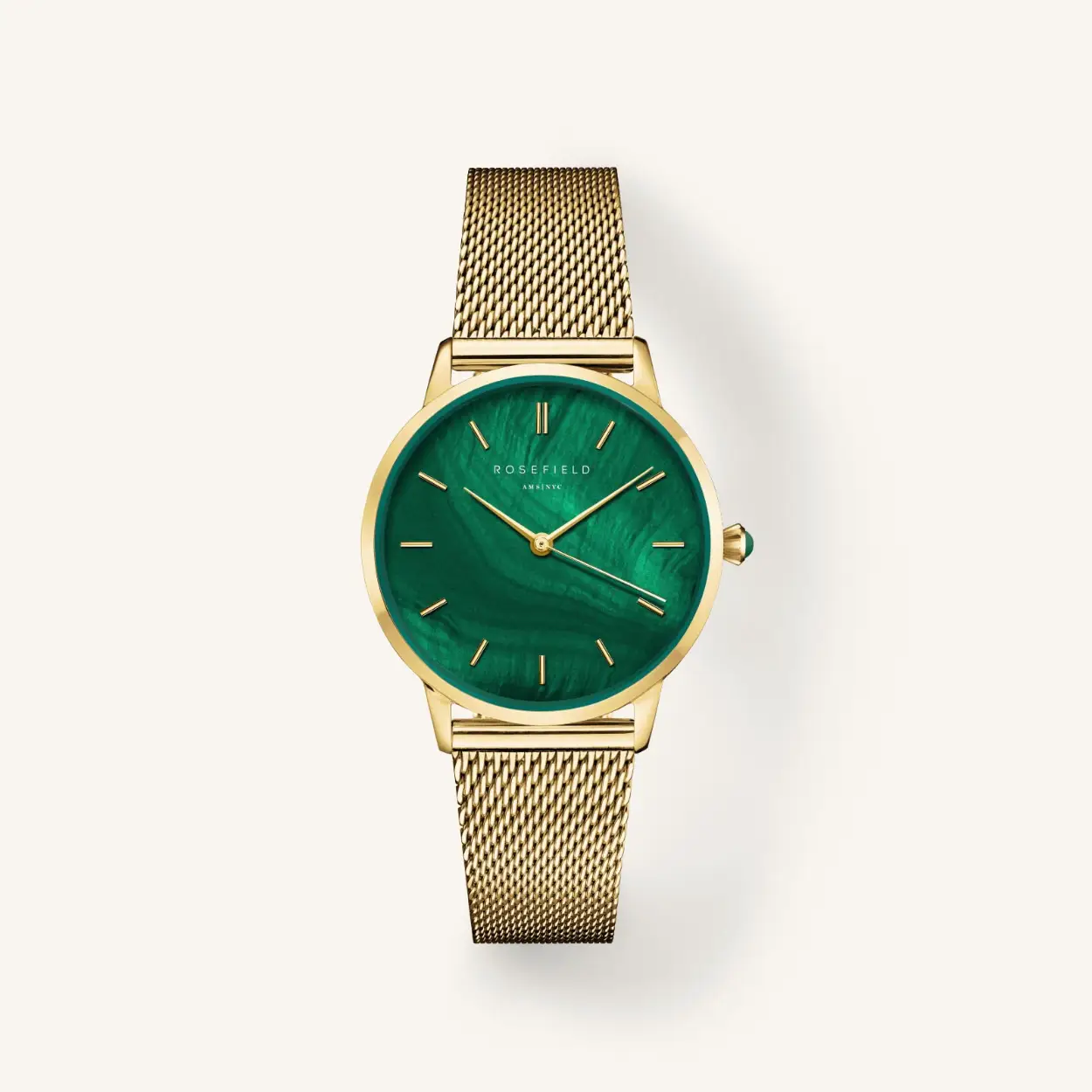 Goudkleurig horloge met smaragdgroene wijzerplaat.