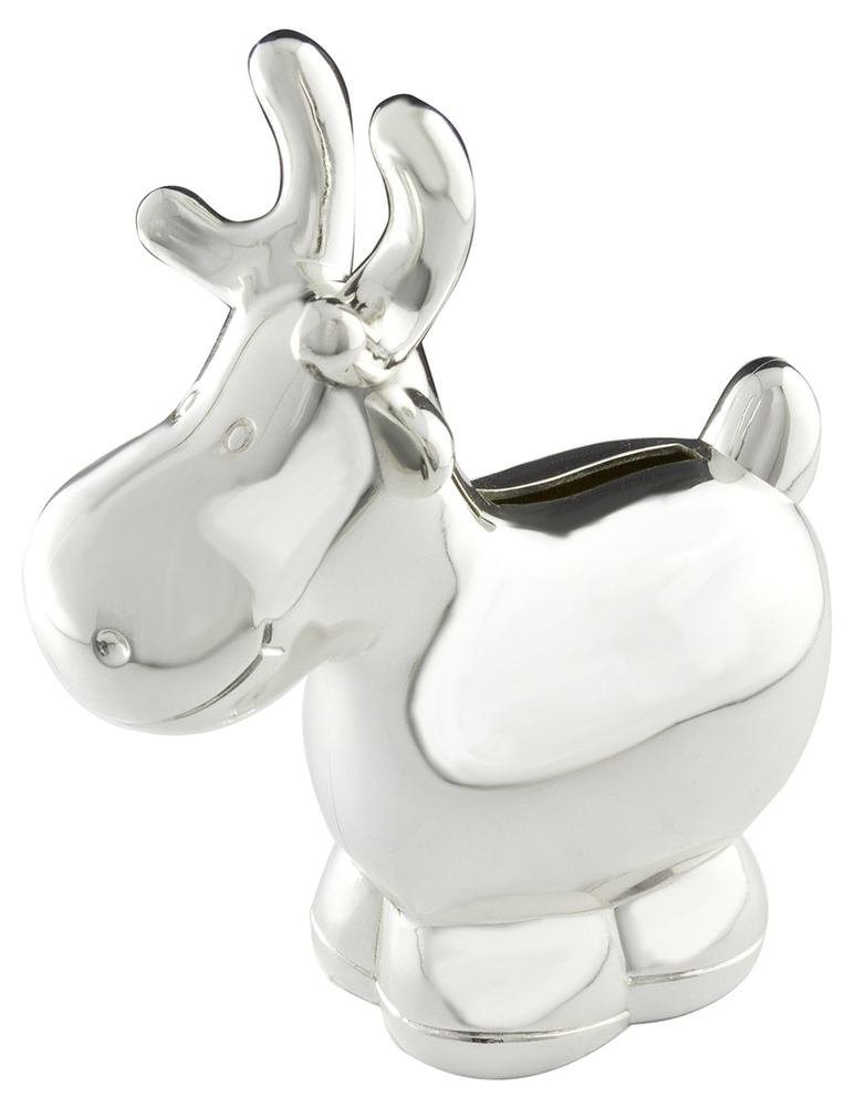 Een vrolijke spaarpot in vorm van een rendier. Het rendier heeft een glimlach op zijn gezicht en een gewei.  De spaarpot is afgewerkt met een glanzende laklaag, waardoor de leuke spaarpot mooi blijft zonder te poetsen.  Afmeting: 11 x 13 cm.