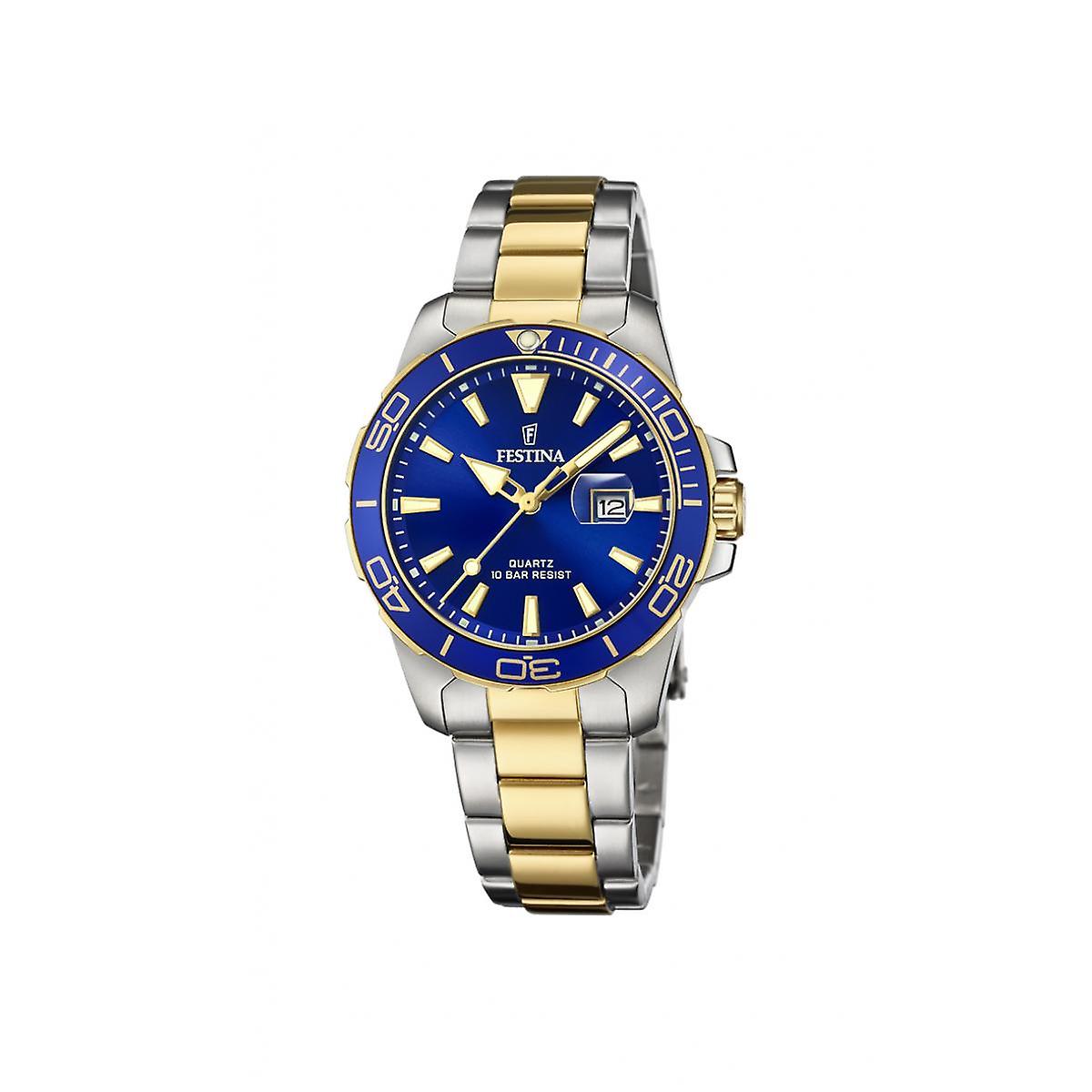 Festina dameshorloge, boyfriend collectie, biclour band en blauwe wijzerplaat met blauwe lunette