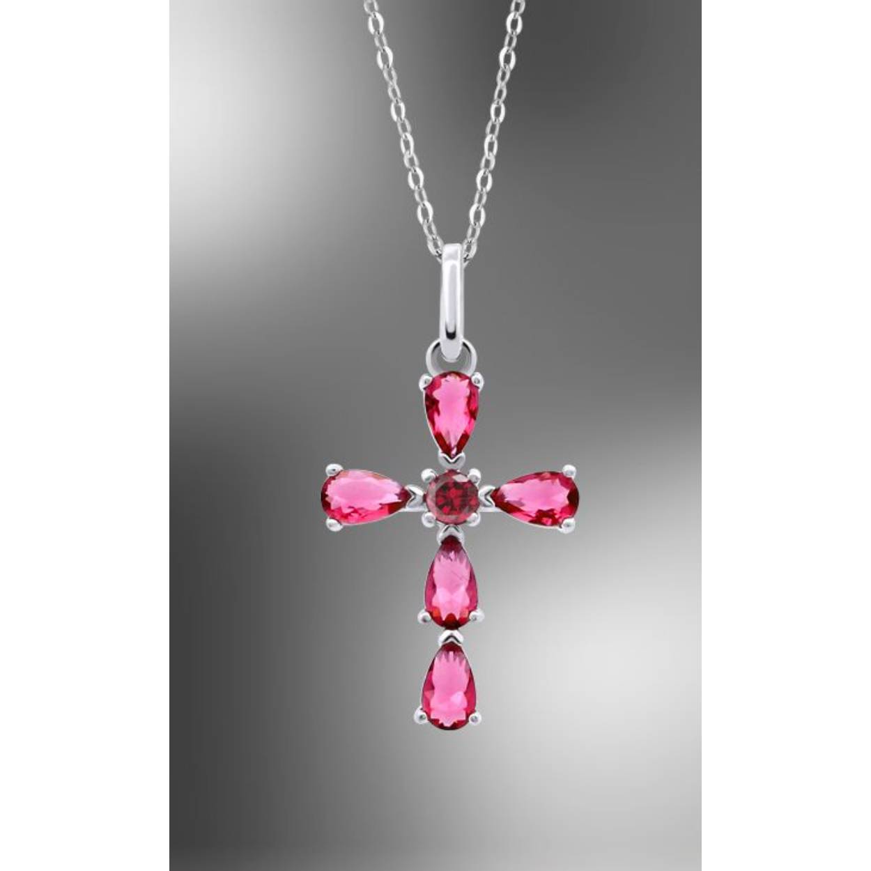 Zilveren ketting kruis fuchia