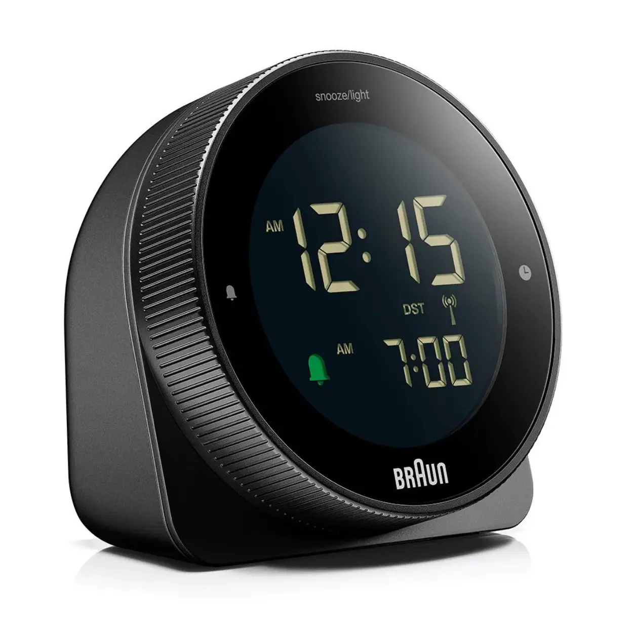 Braun Digital Radio Controlled Alarm Clock For Central European Time Zone (DCF) with Snooze, Reverse LCD Display, Rotating bezel for quick time setting, Crescendo Beep Alarm in Black, model BC24B-DCF.