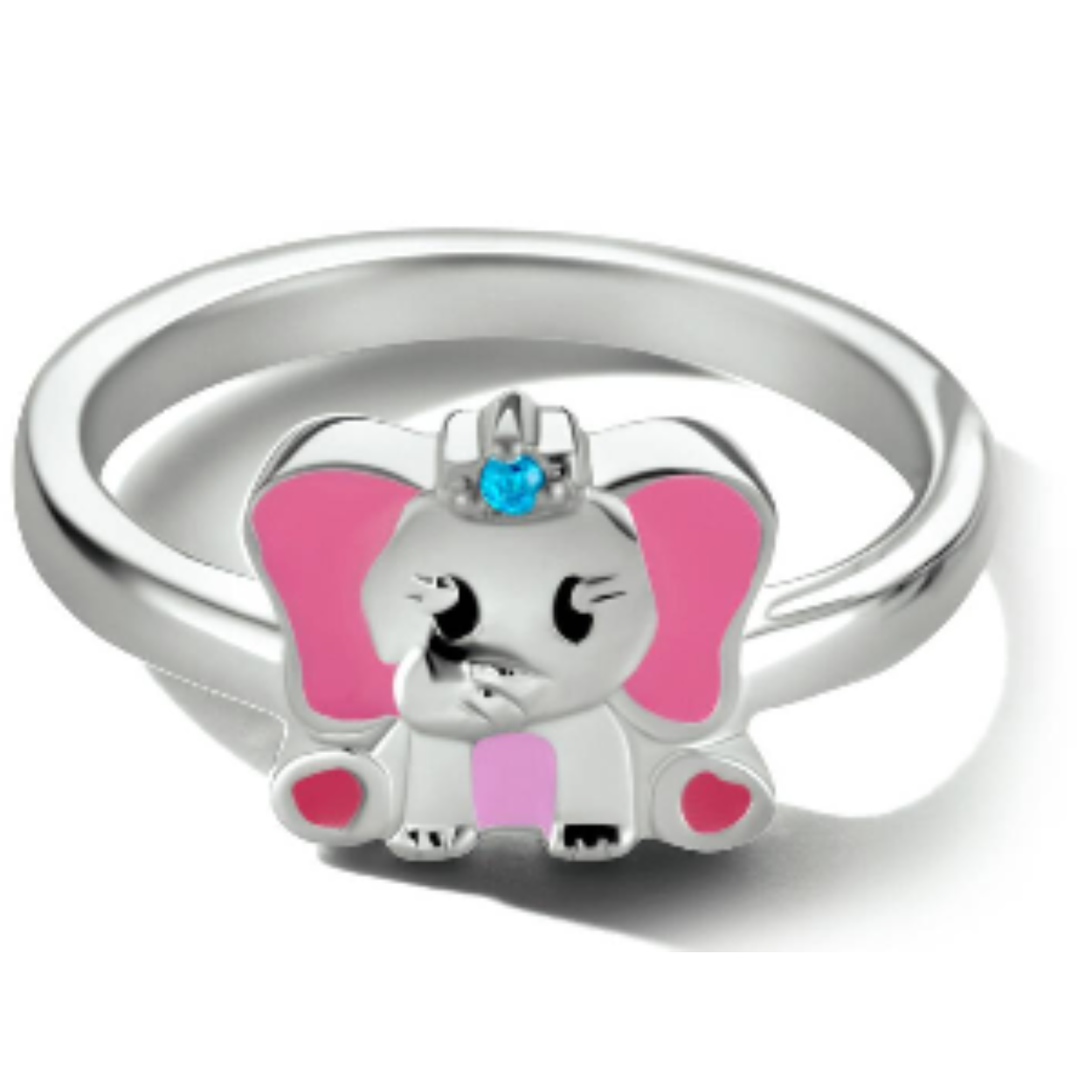 Gerhodineerd 925 zilveren ring uitgevoerd met een olifant. De ring heeft een breedte van 8mm en een blauwe zirkonia.