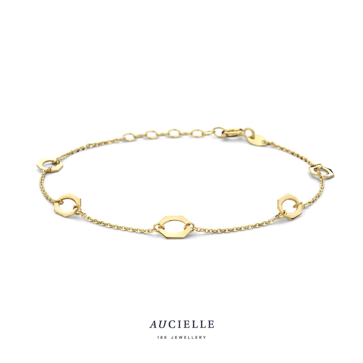 18 kt gouden armband met open octagon schakels
Merk: Aucielle
Lengte: 16 + 2 cm
