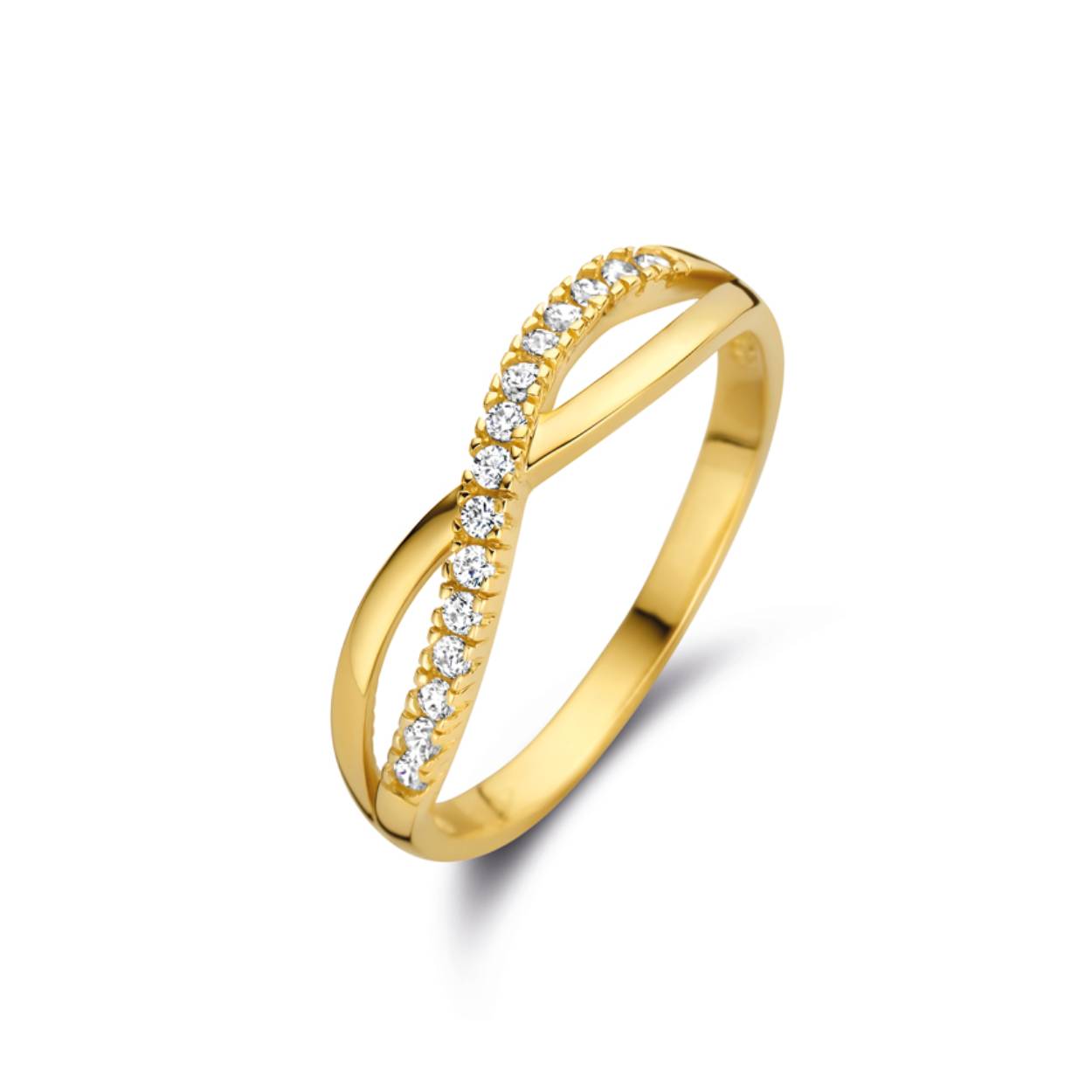 Gouden fantasie ring met zirkonia's.