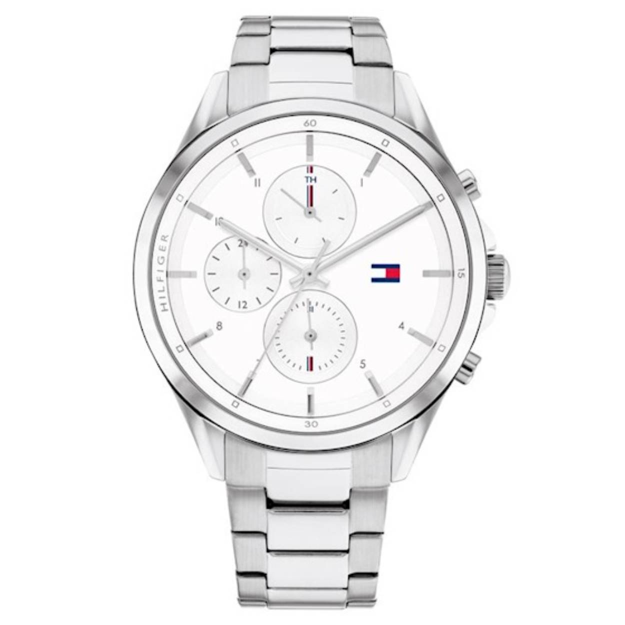 Dames Horloge met witte wijzerplaat en zilverkleurige roestvrij stalen schakel band.