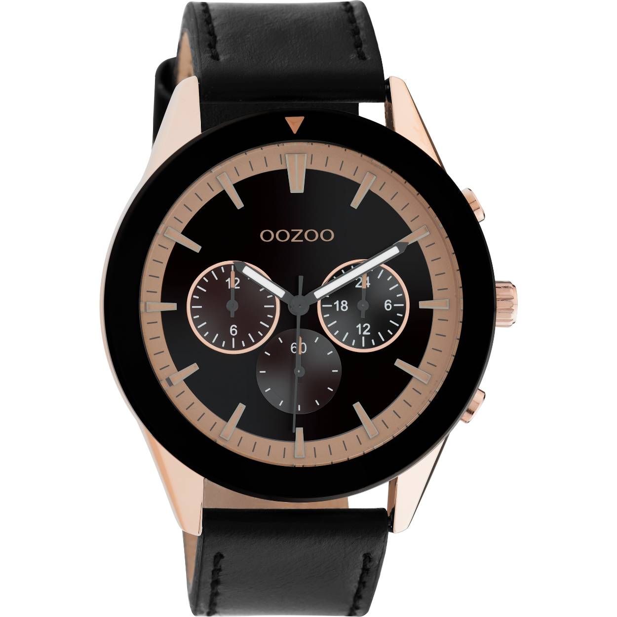 If you like to stand out and be a showstopper, this design can give you just that. This round gents design from the trendy OOZOO Timepieces collection is a true fashion statement. With its strong stitched black leather strap and 45 mm Rose Gold/ Black metal watch case you will certainly steal the show in every room. The combination of the black dial with rose-silver stripes digits and black hands makes this watch an essential piece for your wardrobe. The mineral glass lays in a metal watch case with IP-plating. This design has a stainless steel backplate and is nickel safe. This watch has a 2ATM Japanese movement and is covered by a 2 year warranty (see section 3 of our Refund, shipping & warranty policy).

