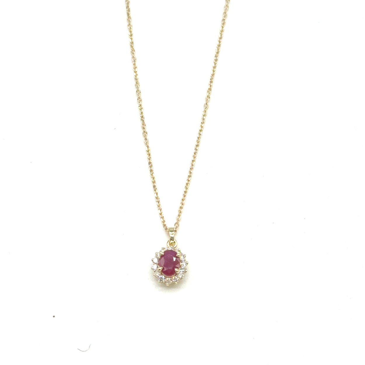 14k gouden diamanten collier met een robijn steen. 