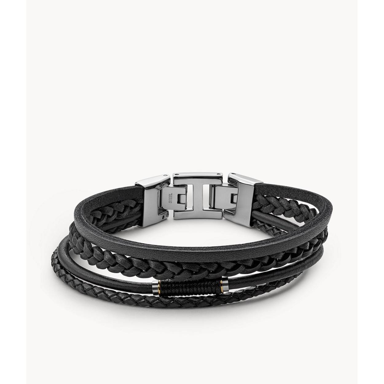 Deze multilook armband van Fossil heeft vier zwarte leren banden