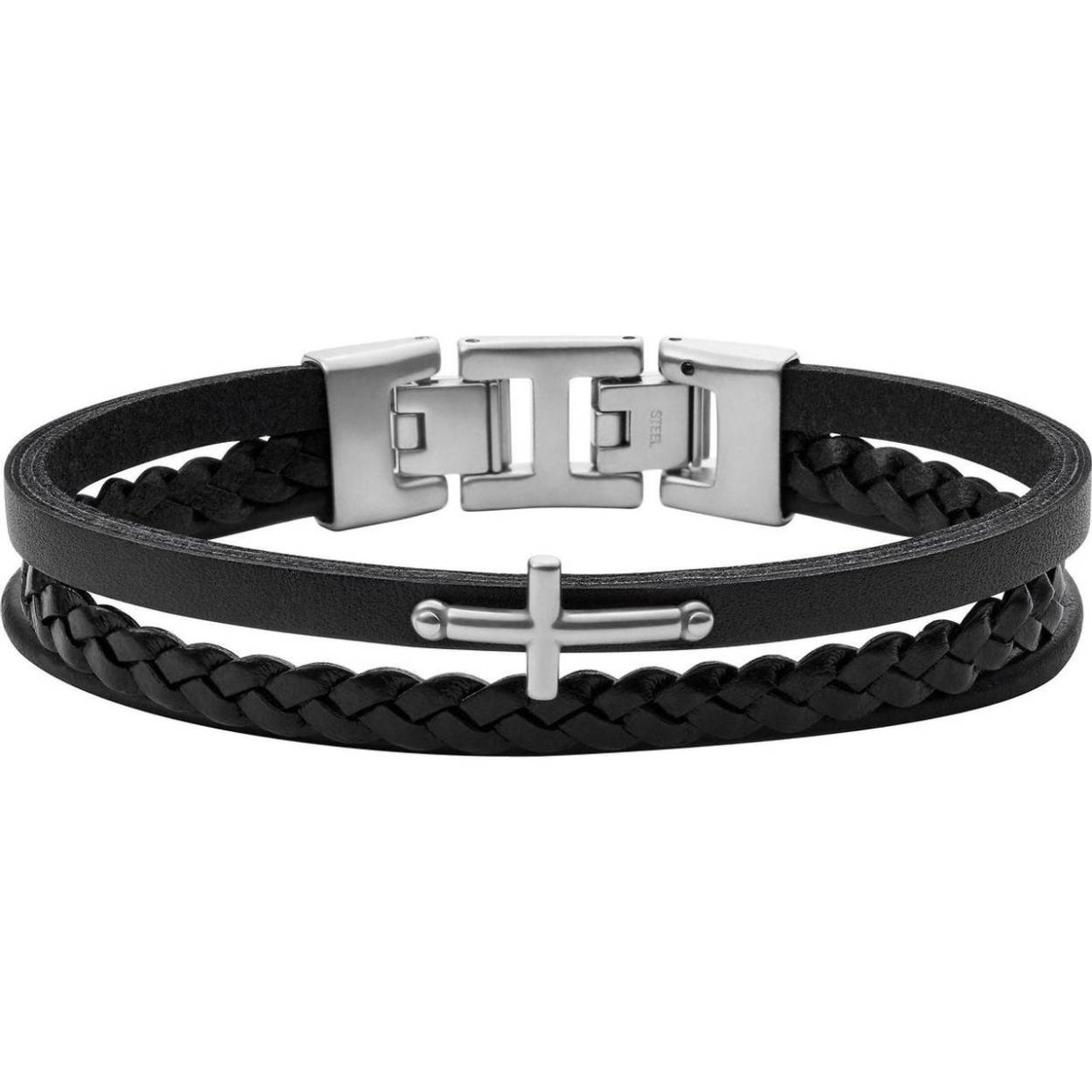 Deze multilook armband van Fossil heeft 3 zwarte leren banden