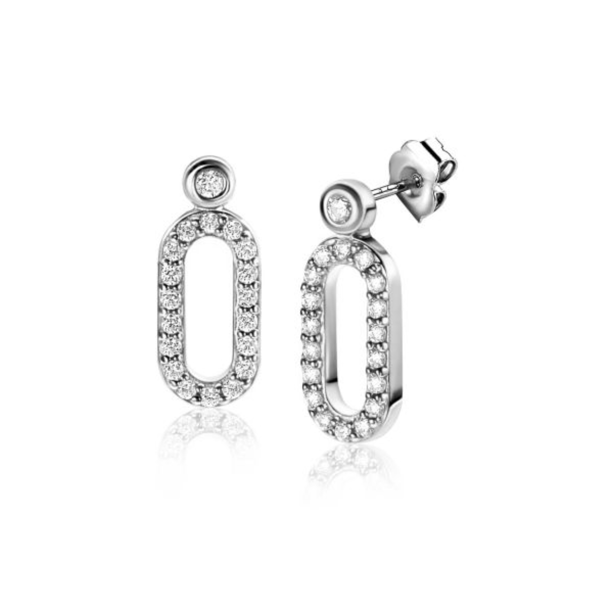 ZINZI zilveren oorstekers (13mm) waarbij de open ovale vorm is bezet met witte zirconia's. De bovenkant heeft een ronde zetting. Vervaardigd van eerste gehalte zilver (925) en voorzien van een extra rodiumlaag voor een langdurige glans.